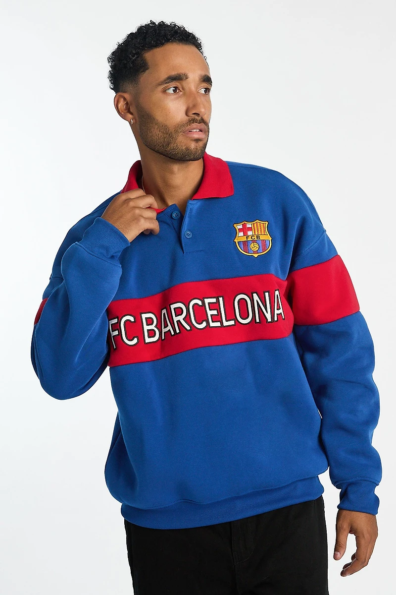 Mens FC Barcelona Colour Block Polo Sweatshirt - Blue /