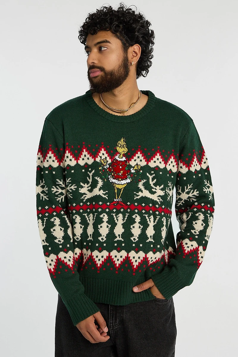 Mens The Grinch Holiday Graphic Sweater - Dark Green /