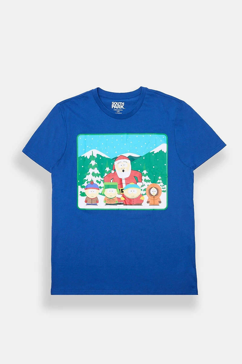 Mens South Park Santa Graphic T-Shirt - Blue /