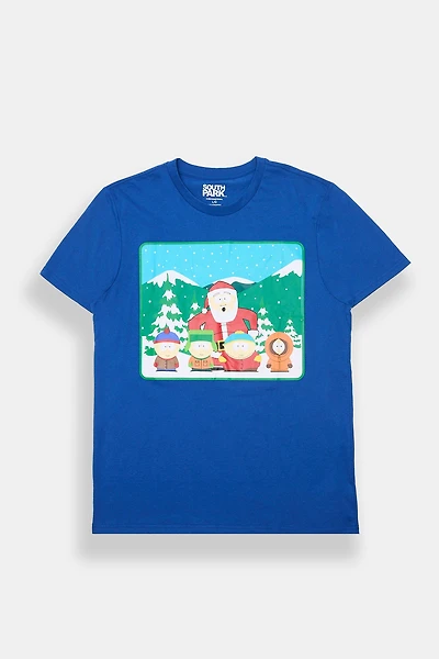 Mens South Park Santa Graphic T-Shirt - Blue /