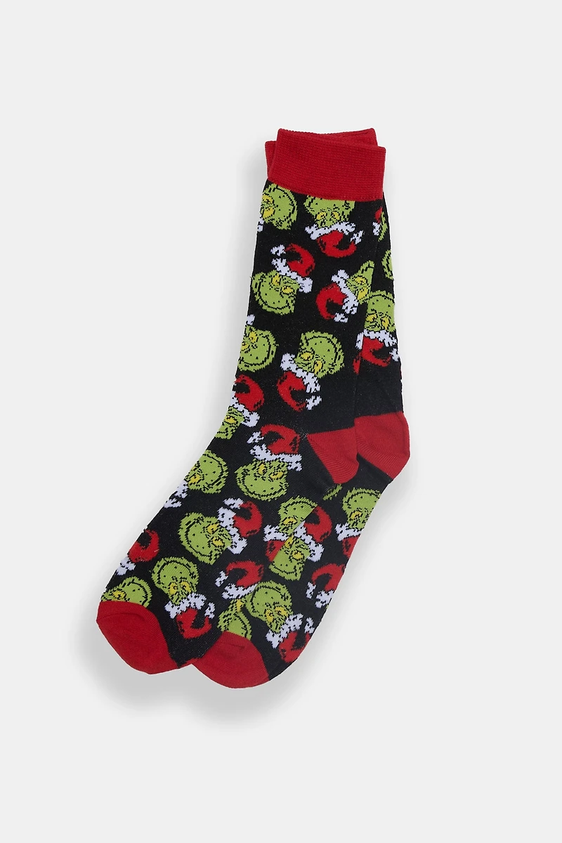 Mens The Grinch Santa Hat Crew Socks - Black / O/S