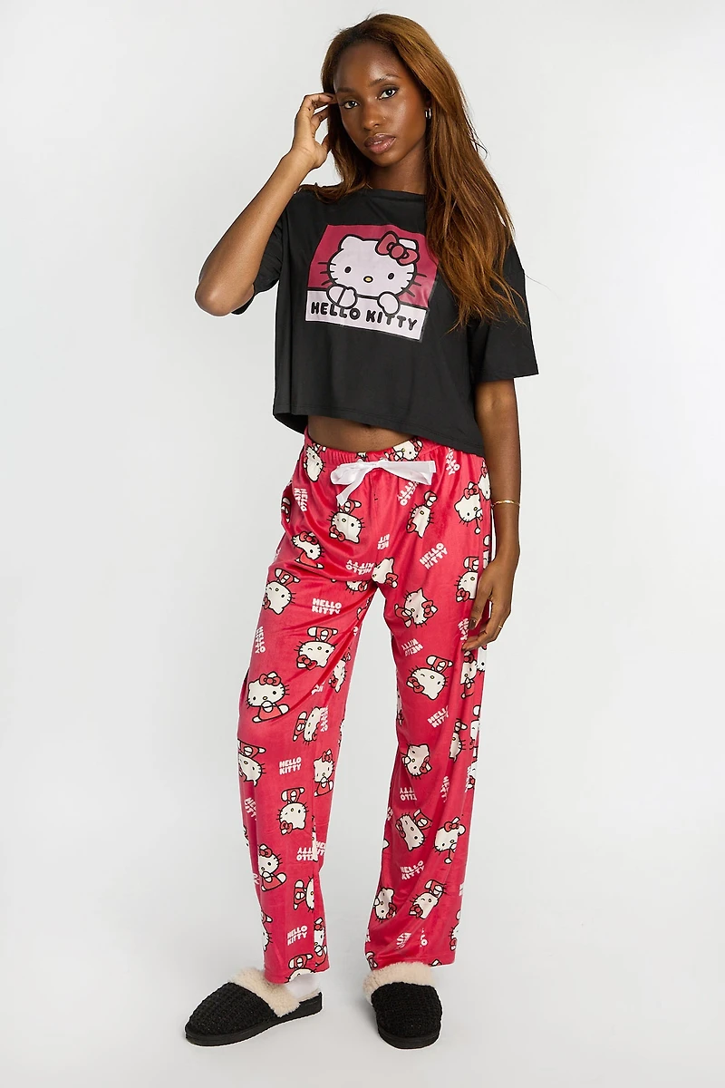 Hello Kitty 2-Piece Pajama Tee & Velour Pants Set - Black /