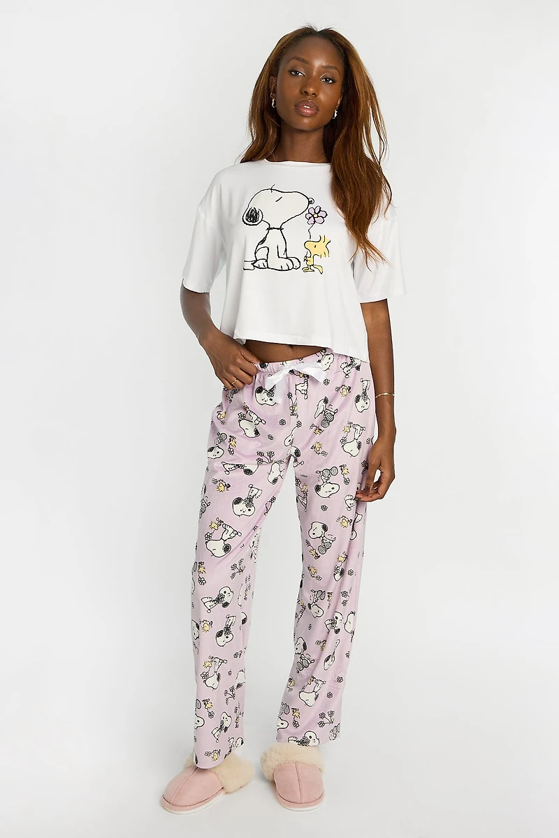 Peanuts Snoopy Flower 2-Piece Pajama Tee & Velour Pants Set - White /