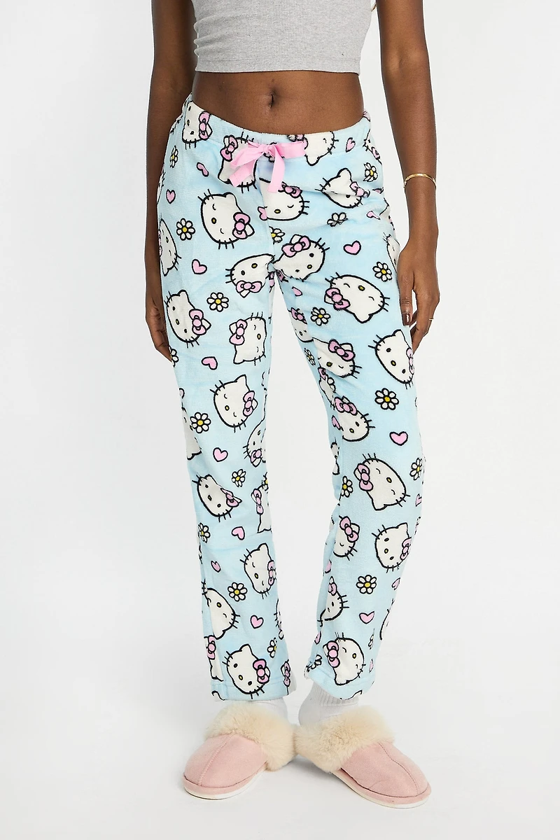 Hello Kitty Flowers Plush Pajama Pants - Light Blue /