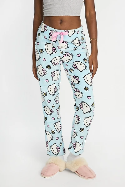 Hello Kitty Flowers Plush Pajama Pants - Light Blue /