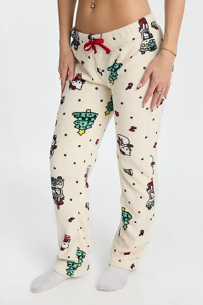 Hello Kitty Christmas Tree Plush Pajama Pant - Cream /