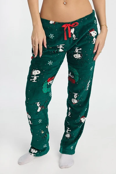 Peanuts Snoopy Wreath Plush Pajama Pant - Dark Green /