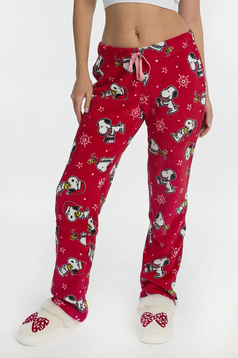Peanuts Snoopy Snowflakes Plush Pajama Pant - Red /