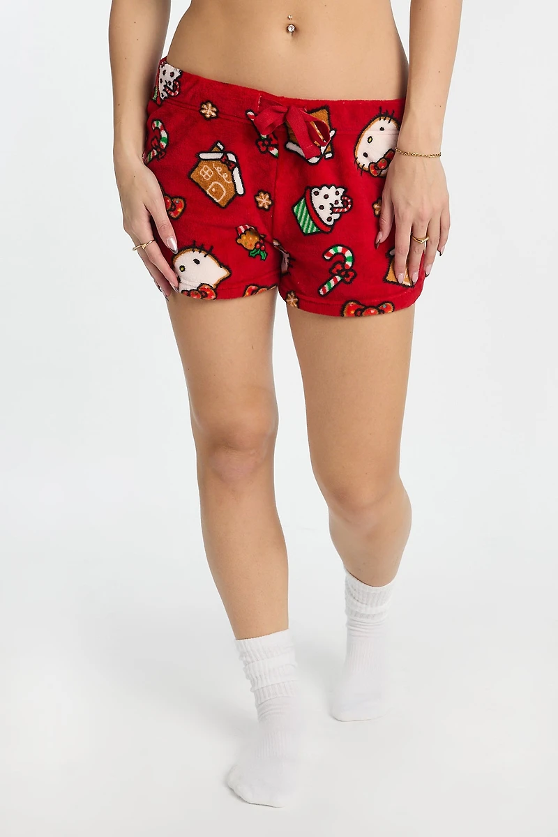 Hello Kitty Candy Cane Plush Pajama Shorts - Red /