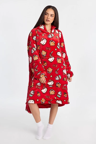 Hello Kitty Candy Cane Oversized Blanket Hoodie - Red / O/S