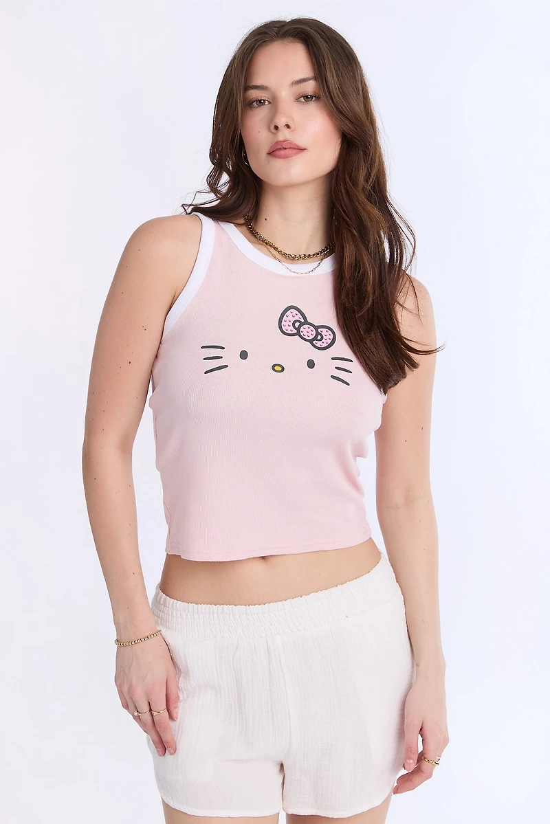 Hello Kitty Face Ribbed High Neck Tank Top - Light Pink /