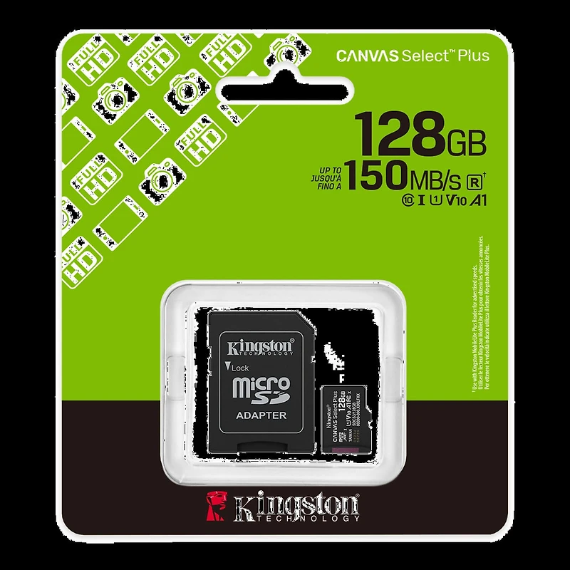 Kingston 128GB microSDXC Canvas Select Plus Gen3 150MB/s A1 Card + Adapter transparent