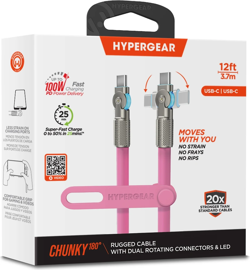 HyperGear 12 ft. 360cm USB-C to USB-C Chunky 180 Rugged Cable w/Rotating Connectors