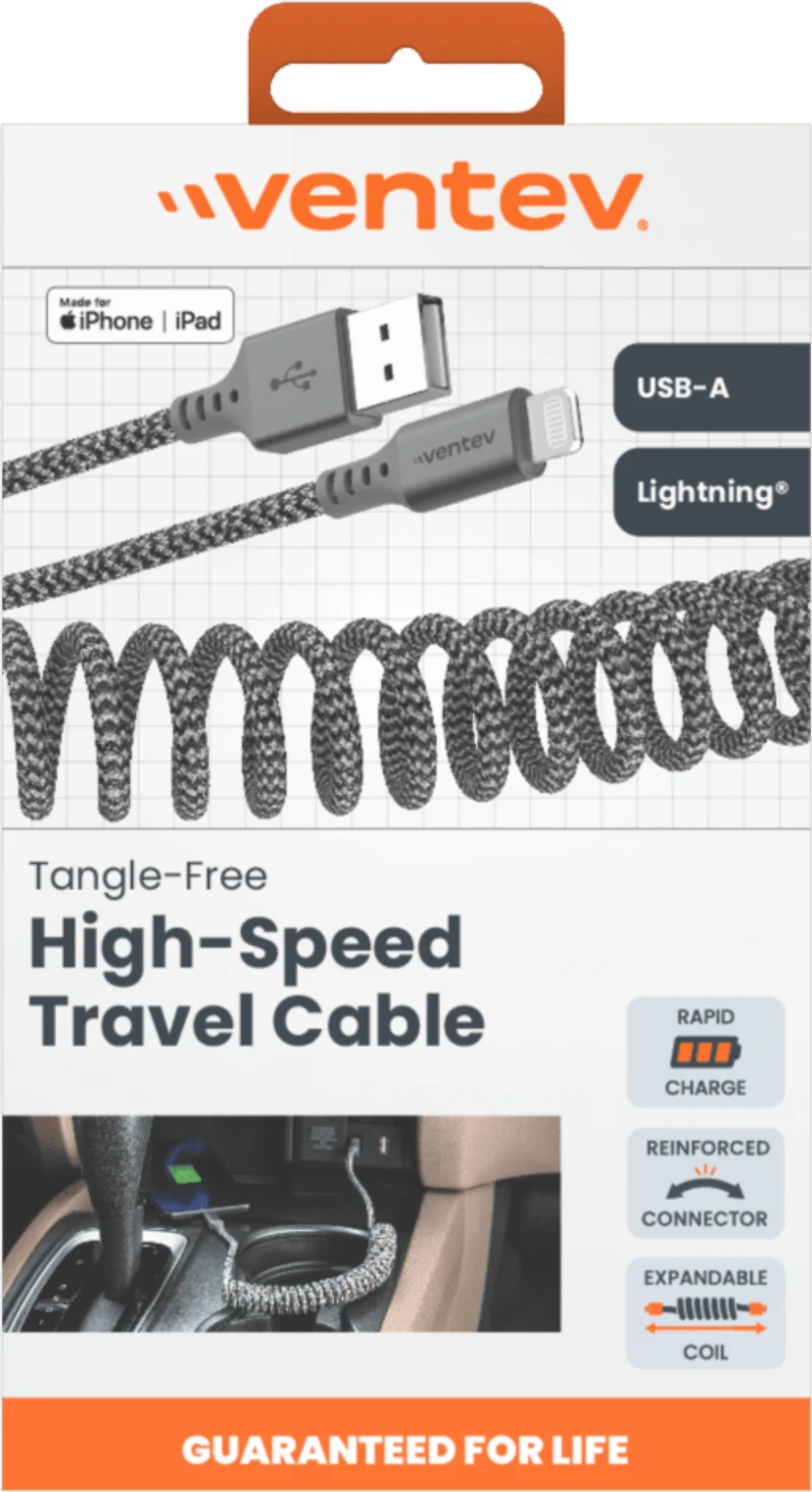 Ventev Charge/Sync Câble Helix Coiled Lightning 1 pieds Gris