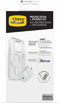OtterBox 7881239 Protection+Power Kit (Symmetry Clear MagSafe a/Glass + Chargeur Mural 30W Blanc) pour iPhone 15 Pro