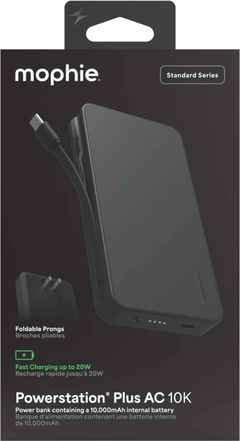 Mophie 10,000 mAh Powerstation Plus w/USB-C Cable + AC Plug - Black