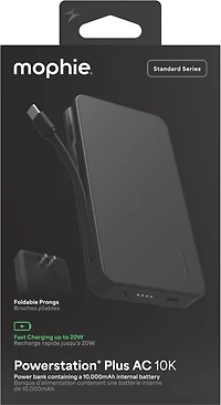 Mophie 10,000 mAh Powerstation Plus w/USB-C Cable + AC Plug - Black