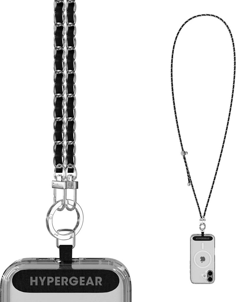 HyperGear TECHcessories Universal Crossbody Phone Strap - Silver Chain Black Vegan Leather