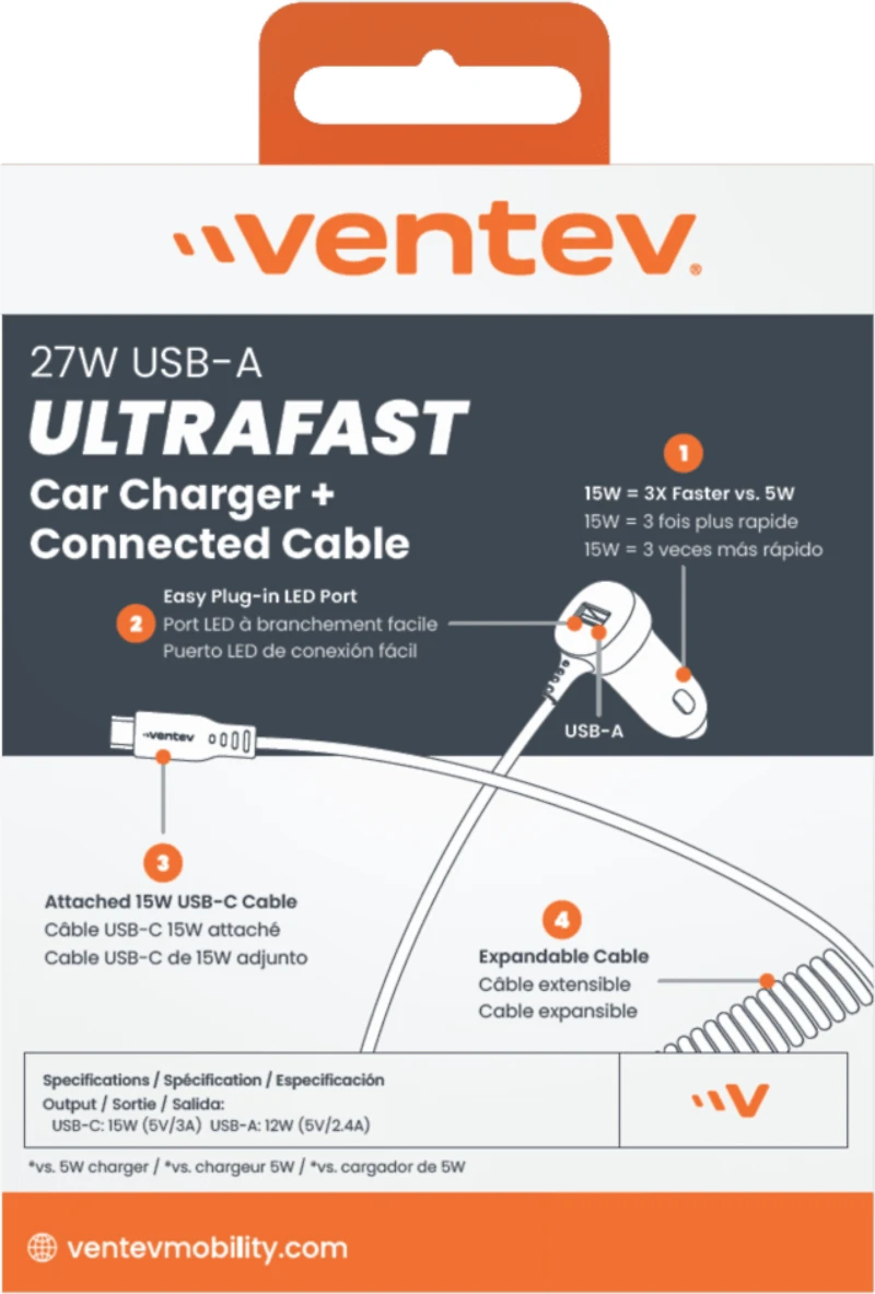Ventev - 12W USB-A Car Charger with attached 15W USB-C Cord - Dark Gray