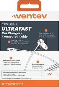 Ventev - 12W USB-A Car Charger with attached 15W USB-C Cord - Dark Gray