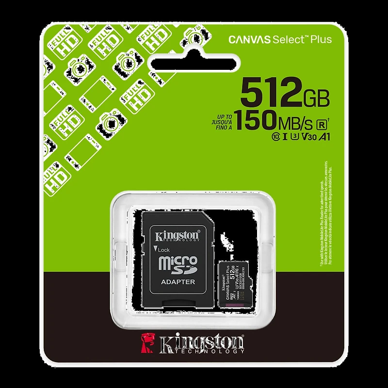 Kingston 512GB microSDXC Canvas Select Plus Gen3 150MB/s A1 Card + Adapter transparent