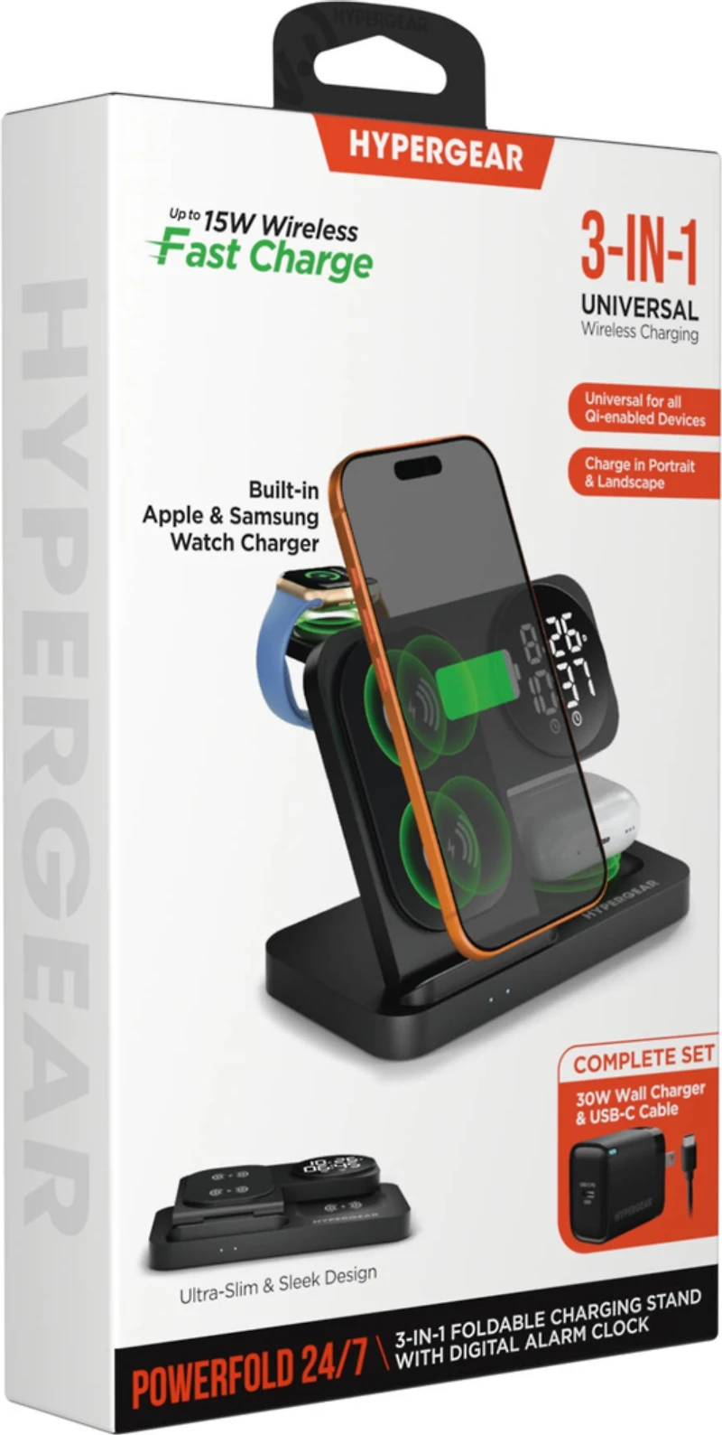 Hypergear 15W Powerfold 24/7 3in1 Foldable Wireless Charging Stand w/Digital Alarm Clock - Black