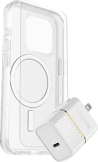 OtterBox 7881239 Protection+Power Kit (Symmetry Clear MagSafe a/Glass + Chargeur Mural 30W Blanc) pour iPhone 15 Pro