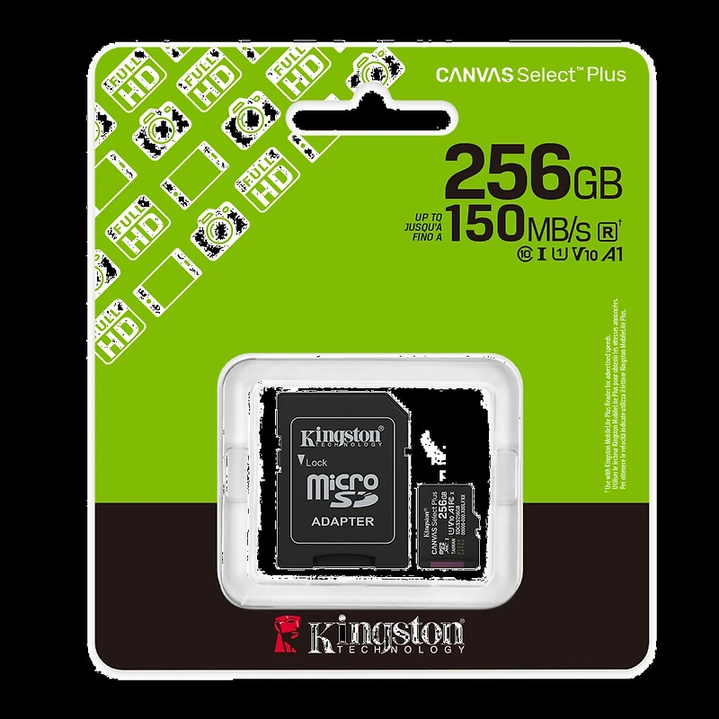 Kingston 256GB microSDXC Canvas Select Plus Gen3 150MB/s A1 Card + Adapter transparent