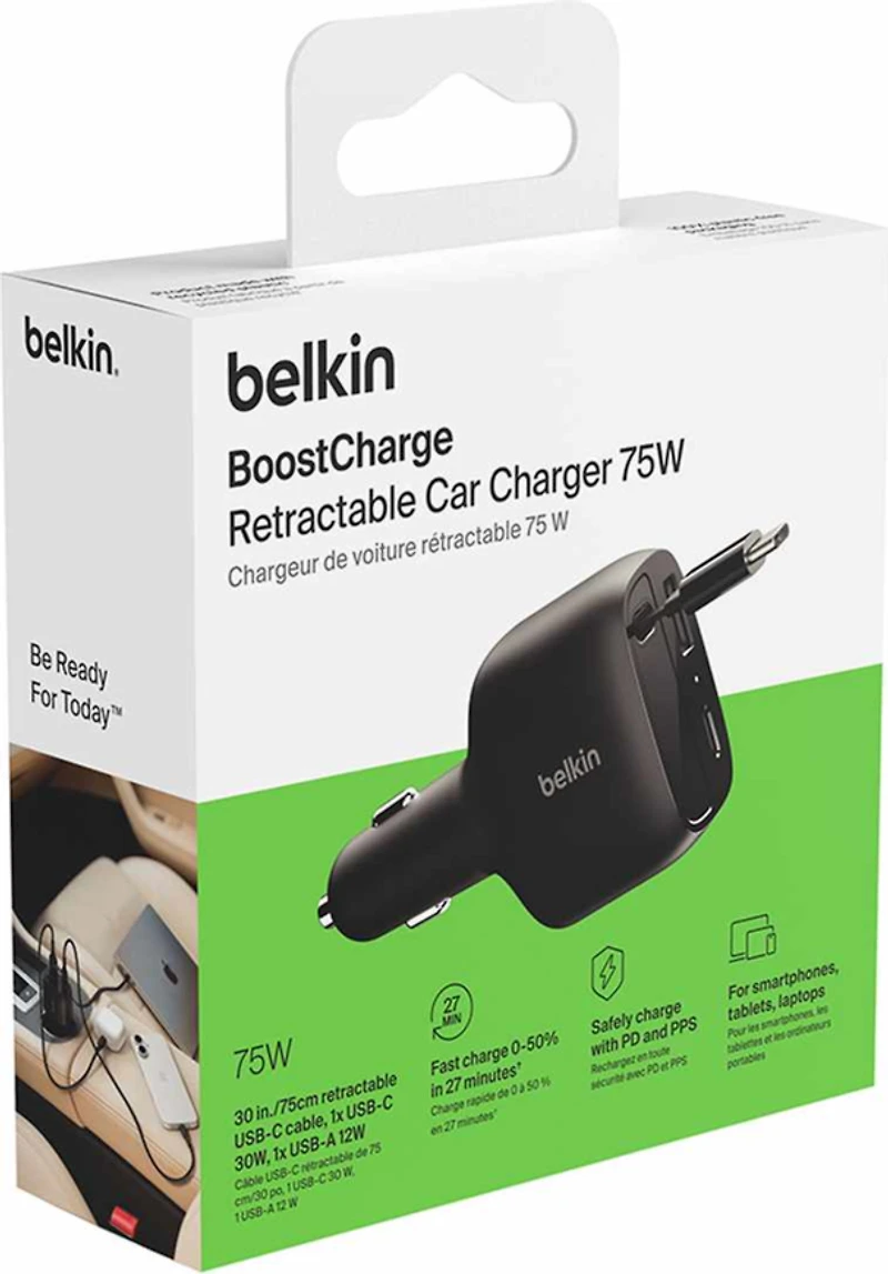 Belkin - BoostCharge Retractable Car Charger 75W Black