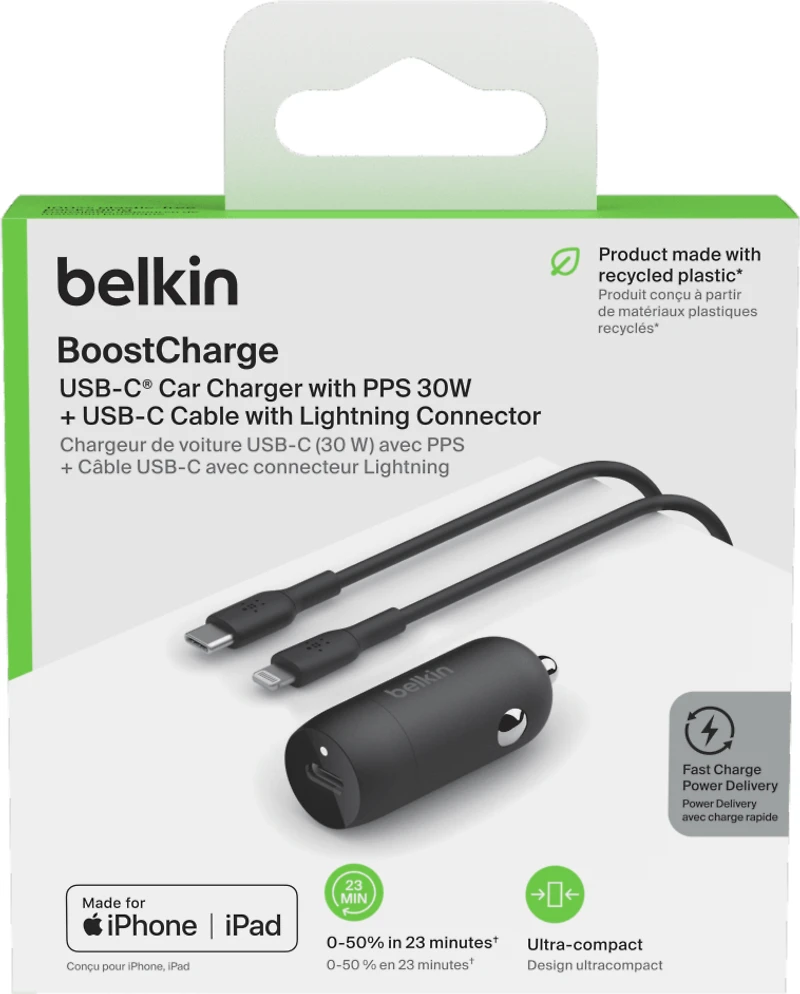 BoostCharge 30W USB-C PD PPS Car Charger and USB-C to USB-C Cable Black