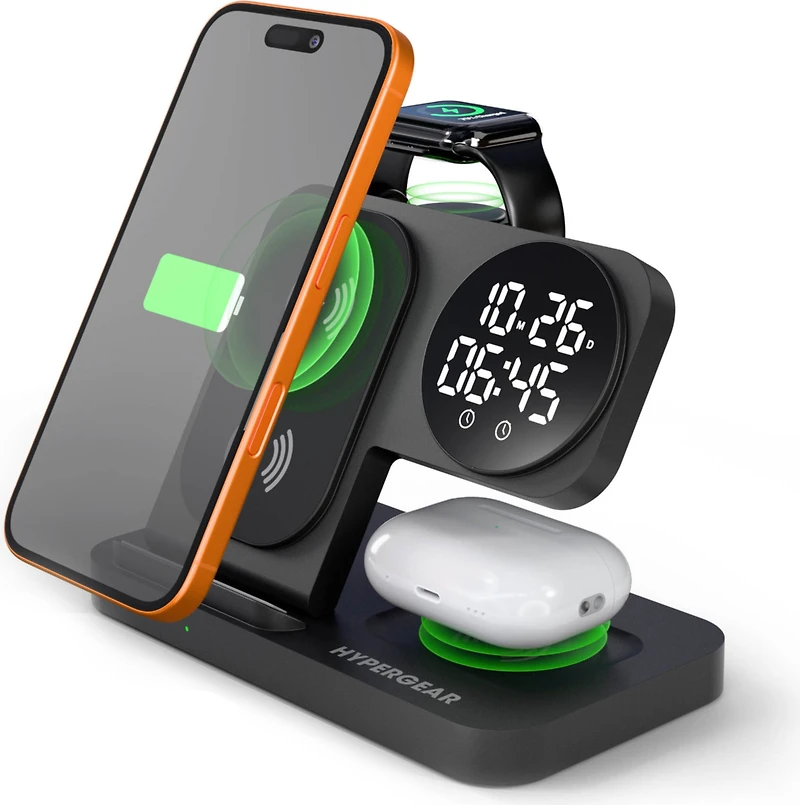 Hypergear 15W Powerfold 24/7 3in1 Foldable Wireless Charging Stand w/Digital Alarm Clock - Black