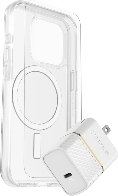 OtterBox 7881239 Protection+Power Kit (Symmetry Clear MagSafe a/Glass + Chargeur Mural 30W Blanc) pour iPhone 15 Pro