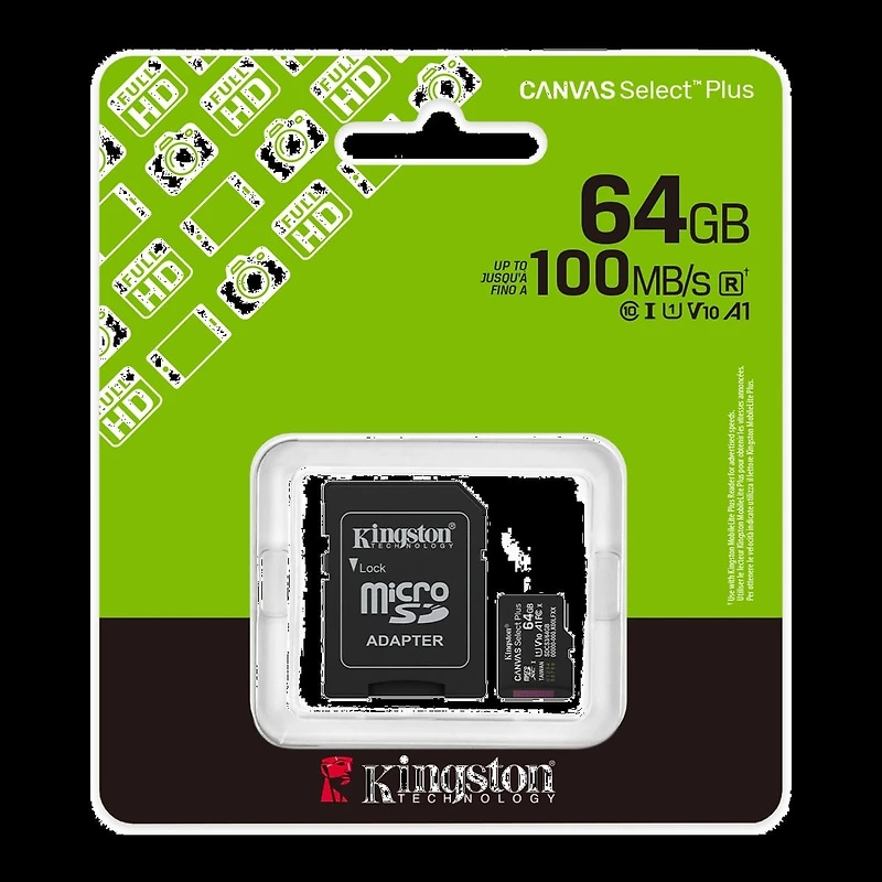 Kingston 64GB microSDXC Canvas Select Plus Gen3 100MB/s A1 Card + Adapter  Transparent