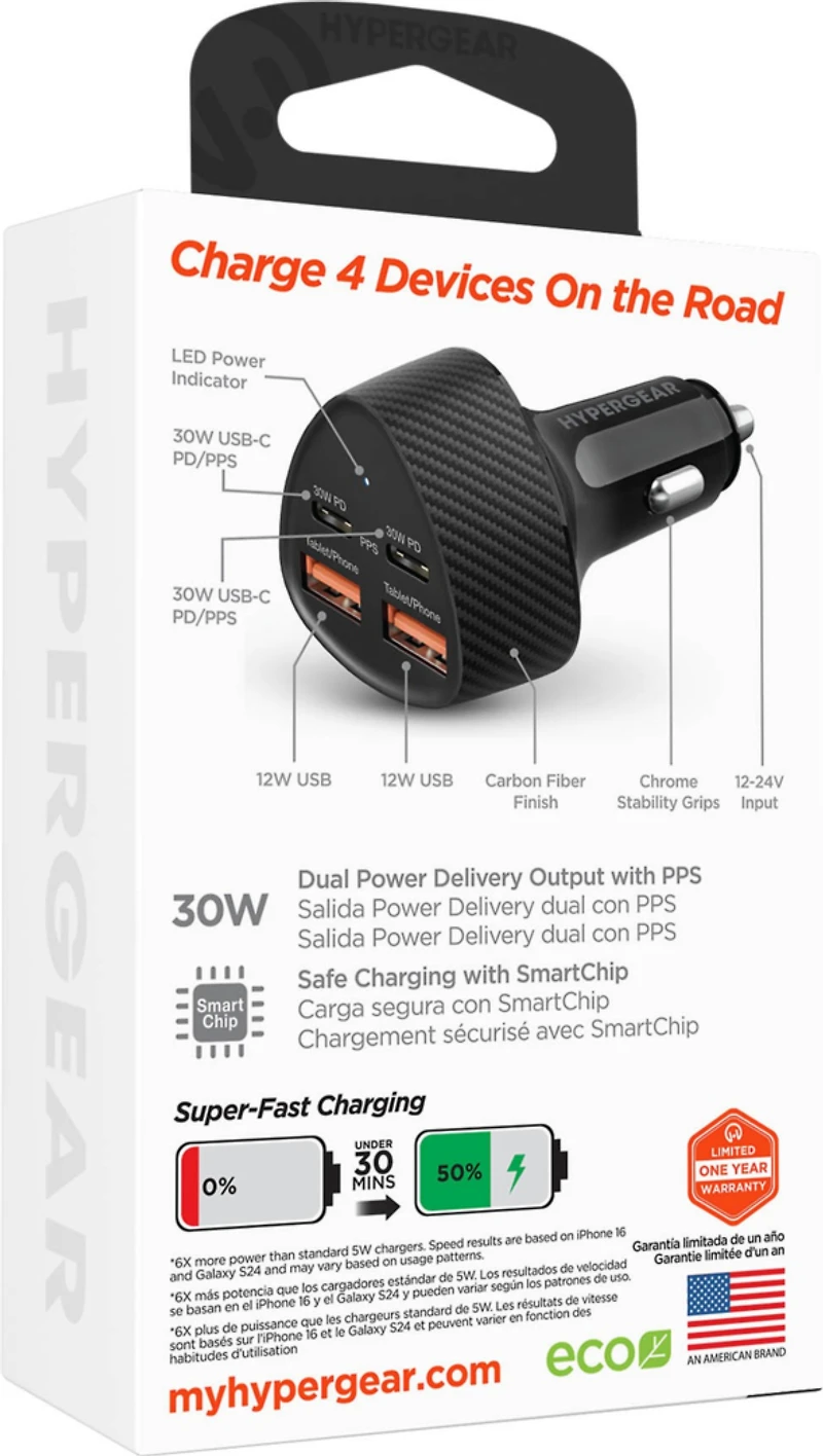 HyperGear SpeedBoost 77W Dual USB-C + Dual USB-A CLA Fast Charge Car Charger - Black