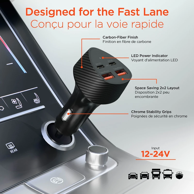 Chargeur de voiture HyperGear SpeedBoost 77 W à double port USB-C et double port USB-A CLA à recharge rapide - Noir