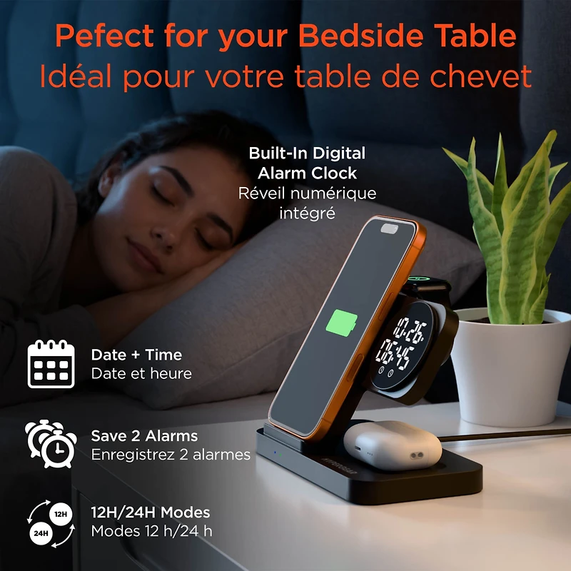 Hypergear 15W Powerfold 24/7 3in1 Foldable Wireless Charging Stand w/Digital Alarm Clock - Black