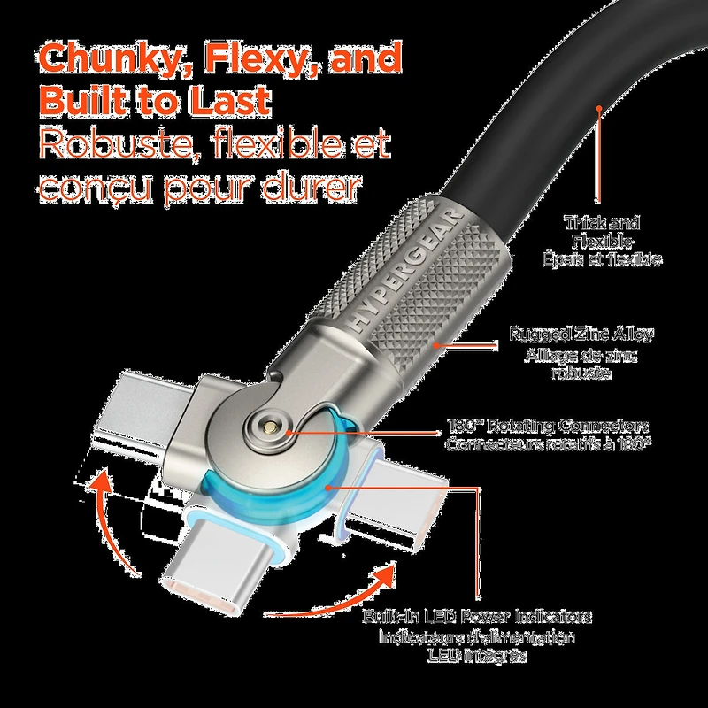 HyperGear 12 ft. 360cm USB-C to USB-C Chunky 180 Rugged Cable w/Rotating Connectors