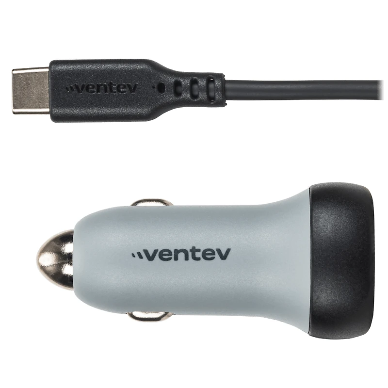 Ventev - 12W USB-A Car Charger with attached 15W USB-C Cord - Dark Gray