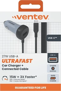 Ventev - 12W USB-A Car Charger with attached 15W USB-C Cord - Dark Gray