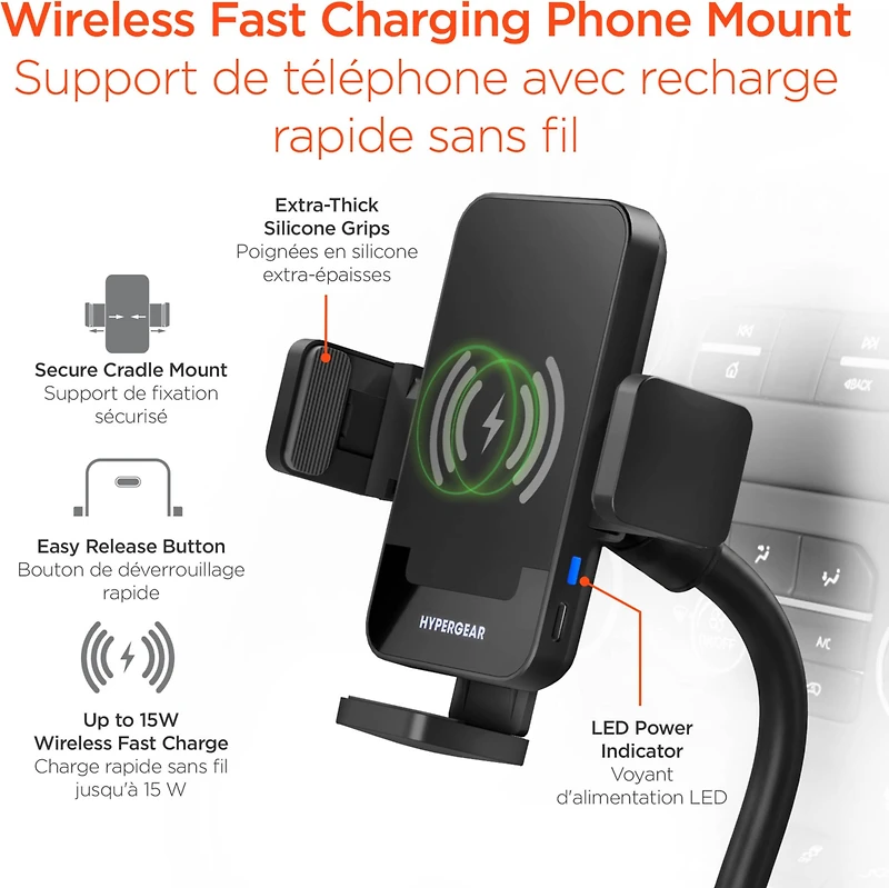 HyperGear EZ Grip 15W Wireless Fast Charging Cup Holder Phone Mount - Black