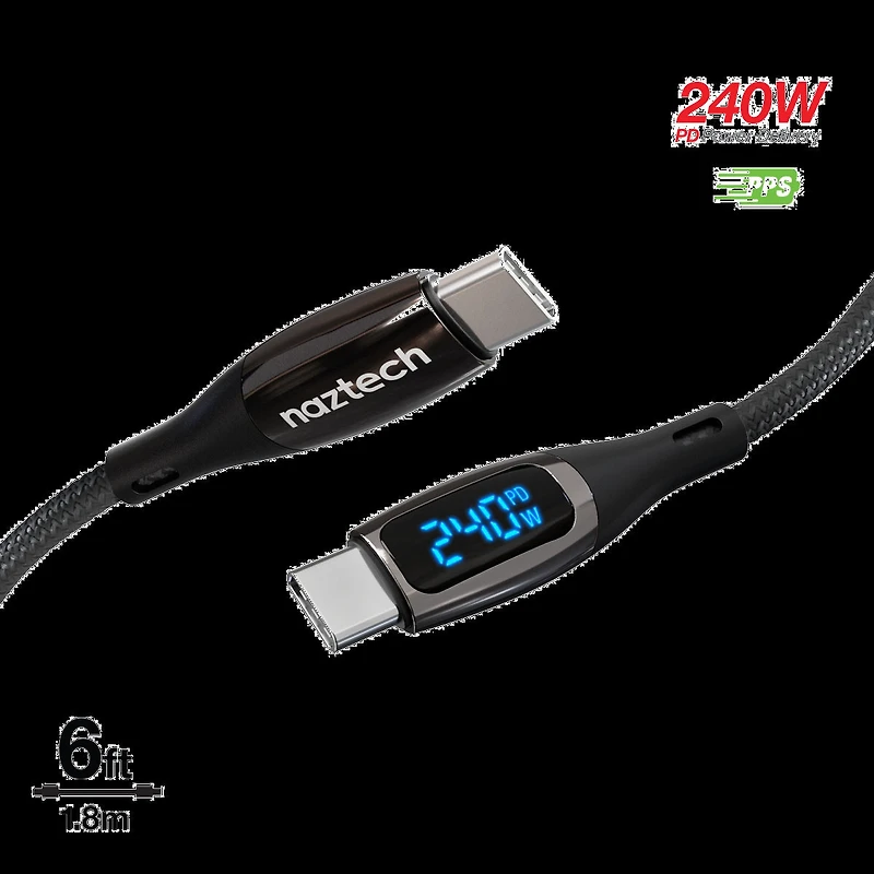 Naztech 6 ft DigiWATT 240W USB-C to USB-C Digital Fast Charge Cable with LED Power Display