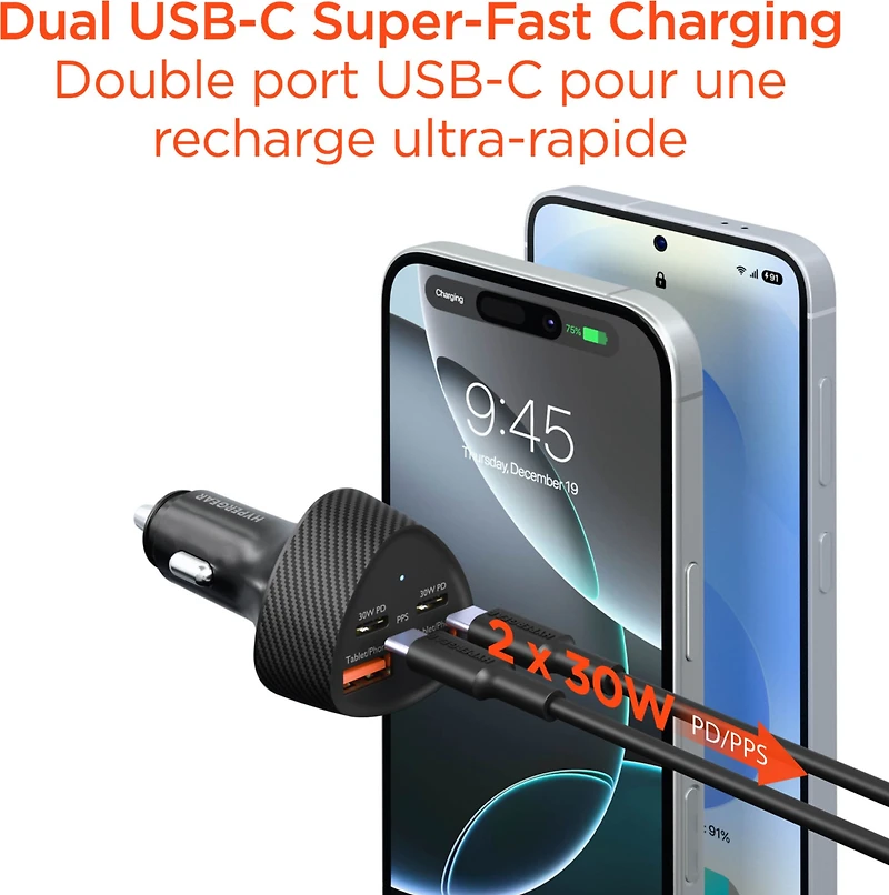 HyperGear SpeedBoost 77W Dual USB-C + Dual USB-A CLA Fast Charge Car Charger - Black