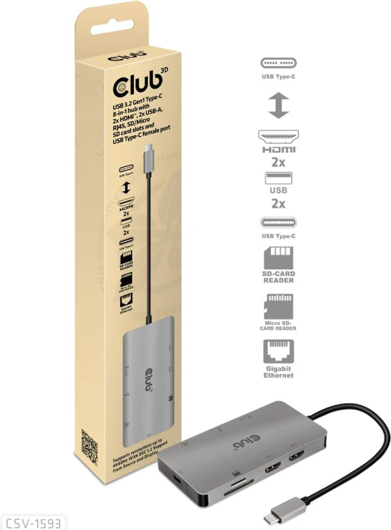 Club3D - USB-C 3.2 Gen 1 8-in-1 Hub with 2X HDMI/2X USB/RJ45/SD/Micro SD Card Slots and USB-C Female Port - Gray