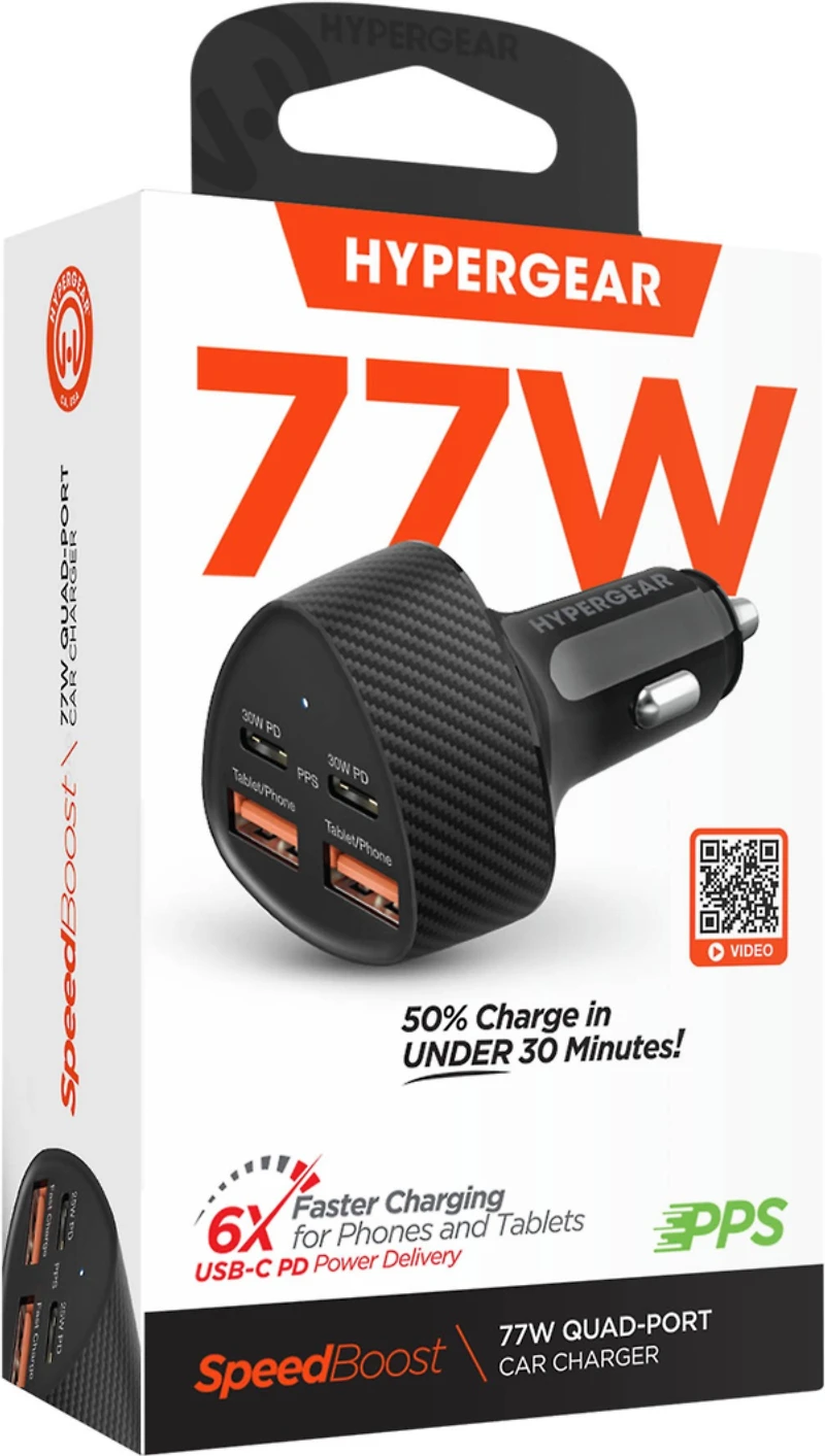 HyperGear SpeedBoost 77W Dual USB-C + Dual USB-A CLA Fast Charge Car Charger - Black