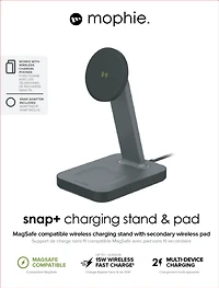 mophie - Snap Plus 2 in 1 Wireless Charging Stand and Pad 15W - Black