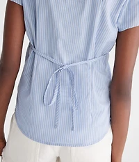 Short Sleeve Striped Poplin Tie-Back Shirt