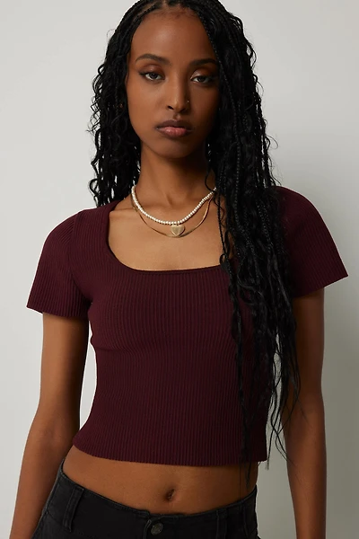 Ardene Shape Knit Crop Square Neck T-Shirt in Burgundy | Size Large | Nylon/Elastane