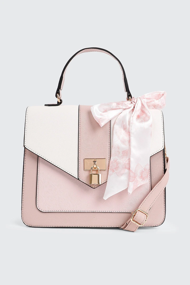 Ardene Colorblock Tote Bag with Scarf Detail in Light Pink | 100% Recycled Polyester/Faux Leather | Eco-Conscious