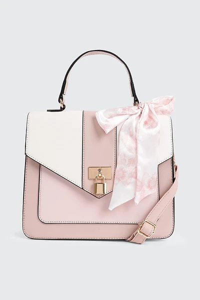 Ardene Colorblock Tote Bag with Scarf Detail in Light Pink | 100% Recycled Polyester/Faux Leather | Eco-Conscious