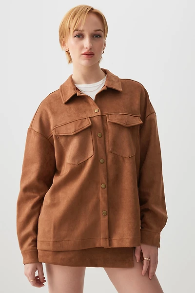 Ardene Oversized Faux Suede Shirt in Cognac | Size | Polyester/Elastane/Faux Suede